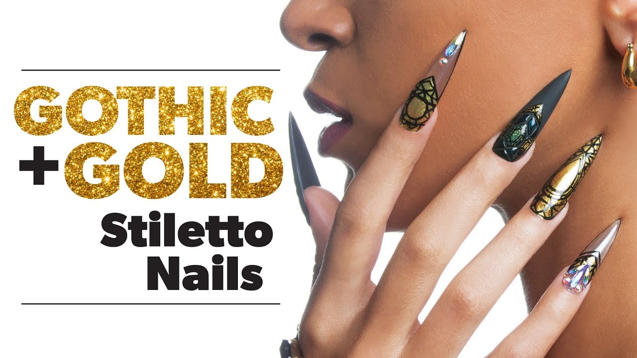Gothic Black and Gold Acrylic Stiletto Nails