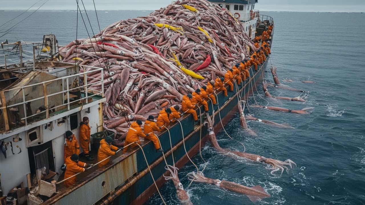 Unbelievable Scale 🌊 How Fishermen Catch Millions of Tons of Squid, King Crabs & Lobsters in 2025