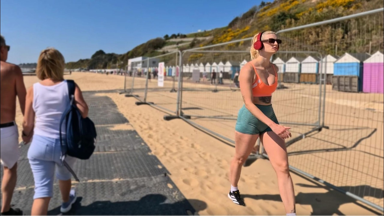 Sunny Spring Bournemouth Beach Walk 60FPS 4K