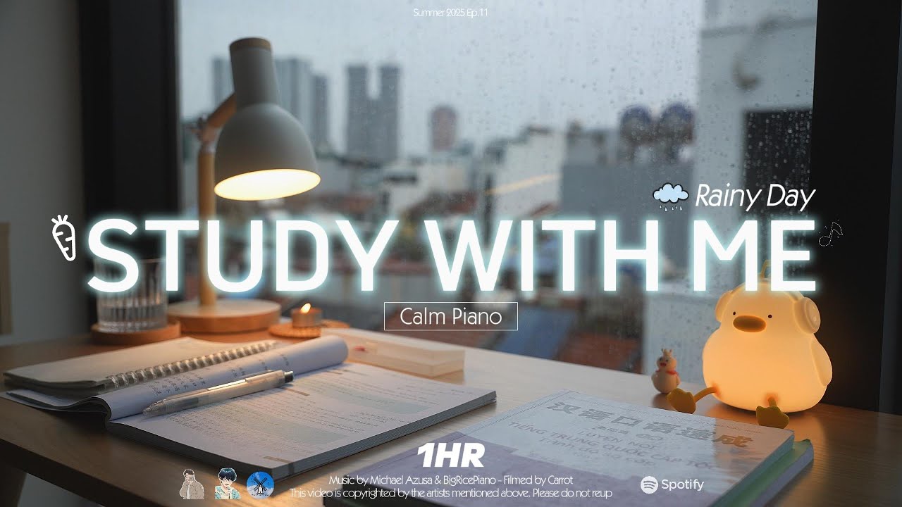 1-HOUR STUDY WITH ME | Calm Piano 🎹, Rain Sounds🌧️ | Pomodoro 25-5 | Early summer Rain