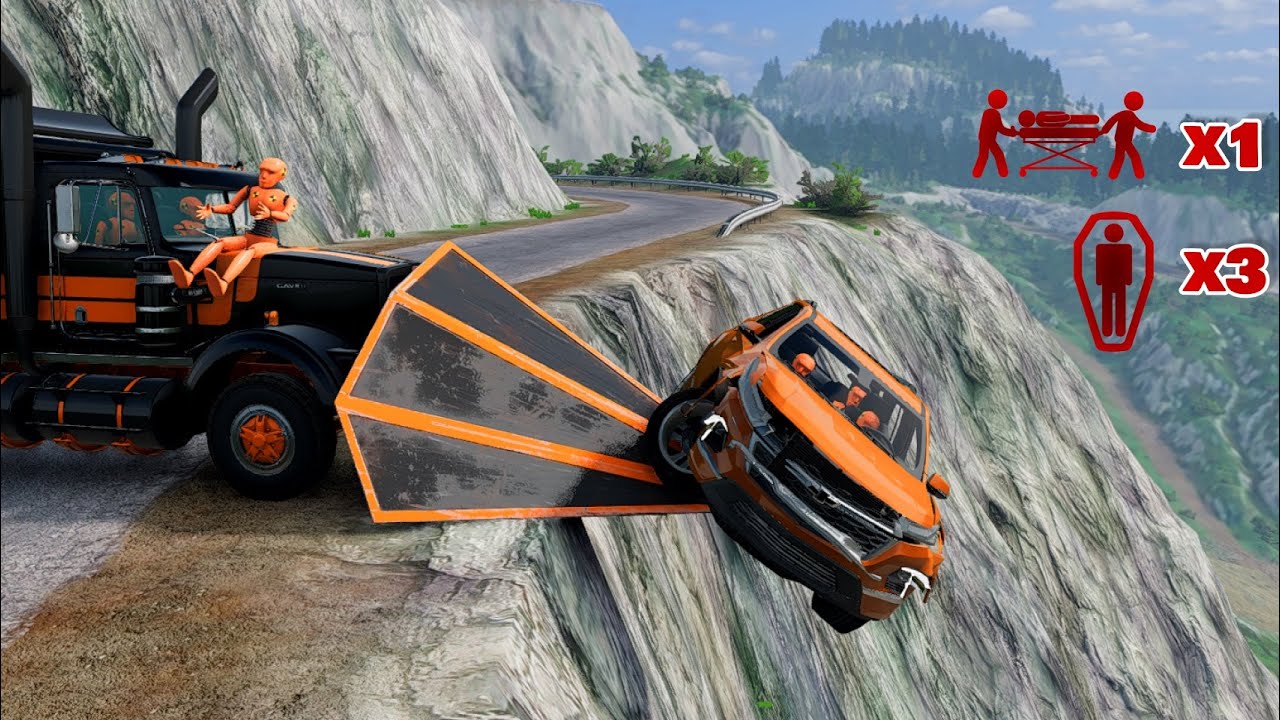 Realistic Car Crashes #9: PLOW TRUCK vs SUV! Pushed Off The Cliff 😱| BeamNG Drive