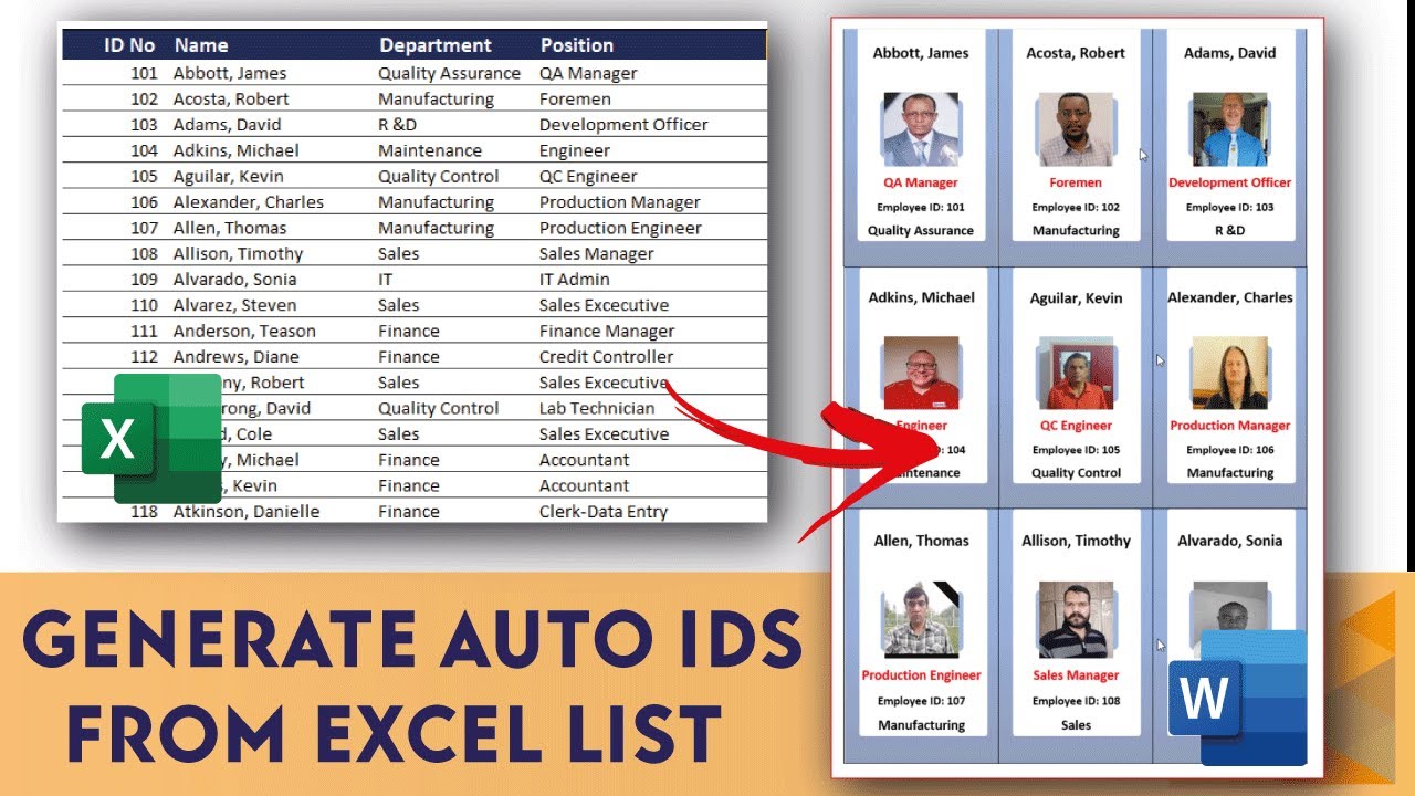 Generating Auto Employee ID Card From Excel Master List 🔴Word & Excel 🔴 MS Word Mail Merge