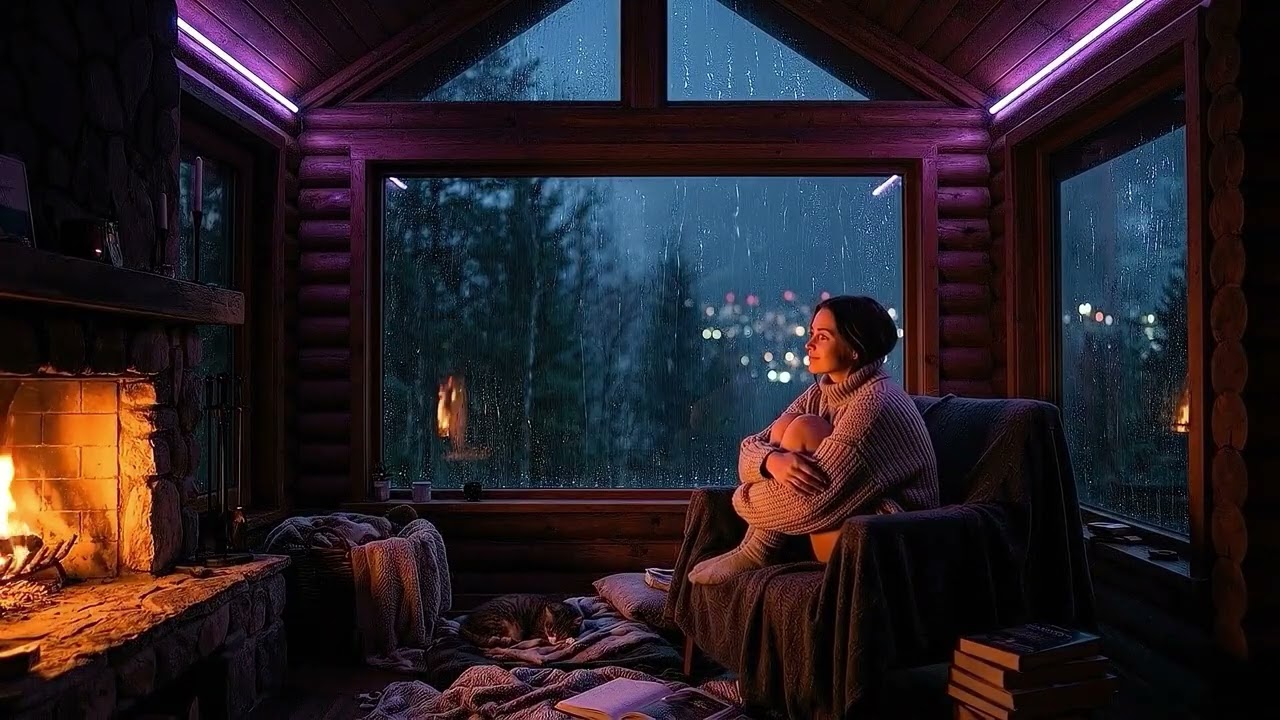 Cozy Cabin in the Woods 🪵 Heavy Rain, Crackling Fireplace & Acoustic Lofi for Sleep, Reading