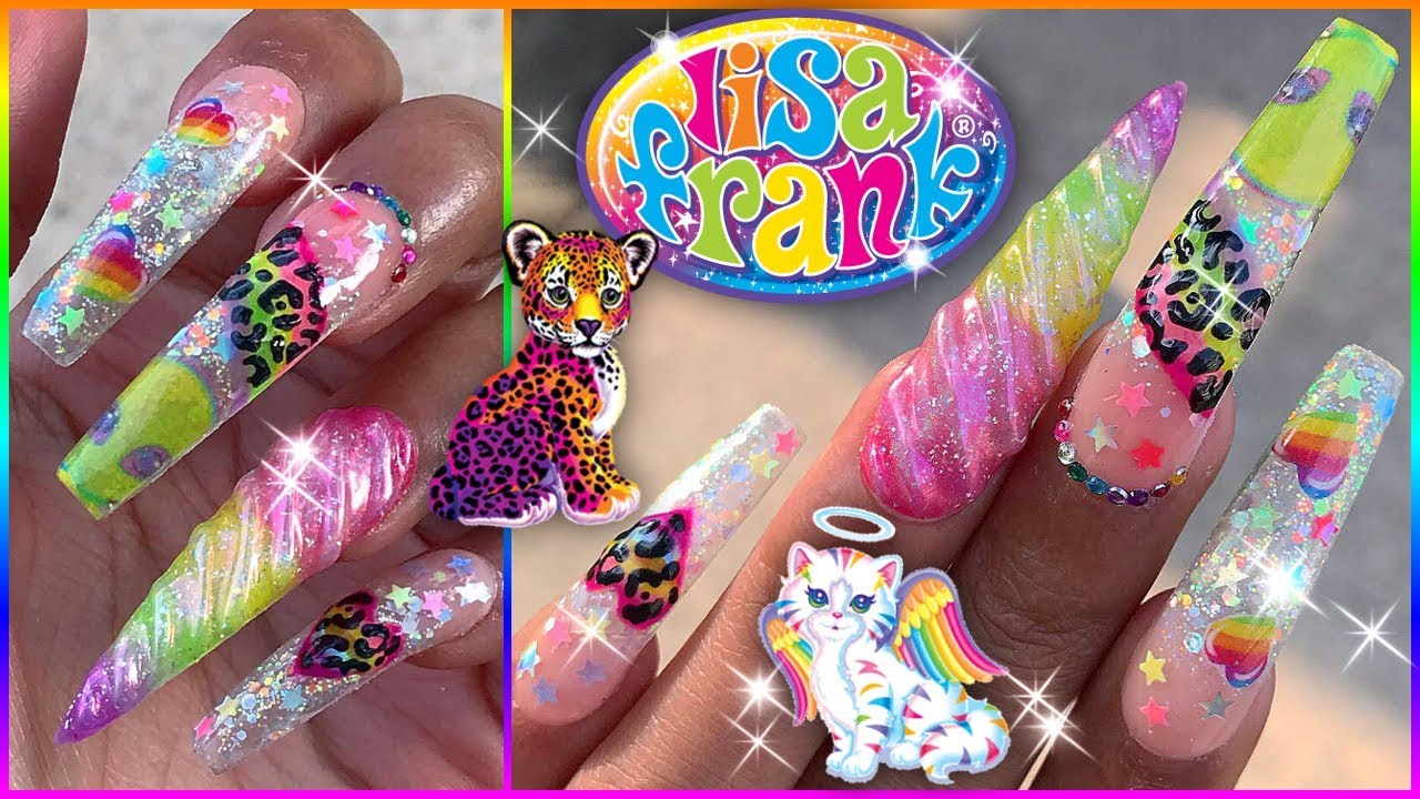 ⭐🦄LISA FRANK ACRYLIC Long Square NAILS🍭🐬Detailed DIY Decals 👽💕