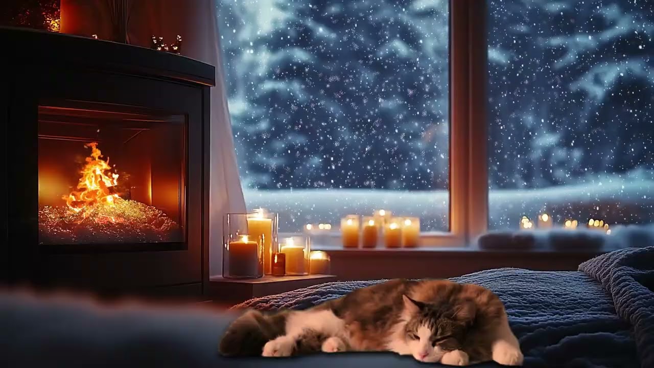 Cozy Winter Fireplace Night with Snowfall Outside the Window | No Ads Sleep – 3 Hours