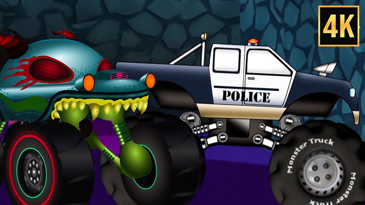 Police Car Chased Haunted House Monster Truck + More Vehicles Cartoon for Kids