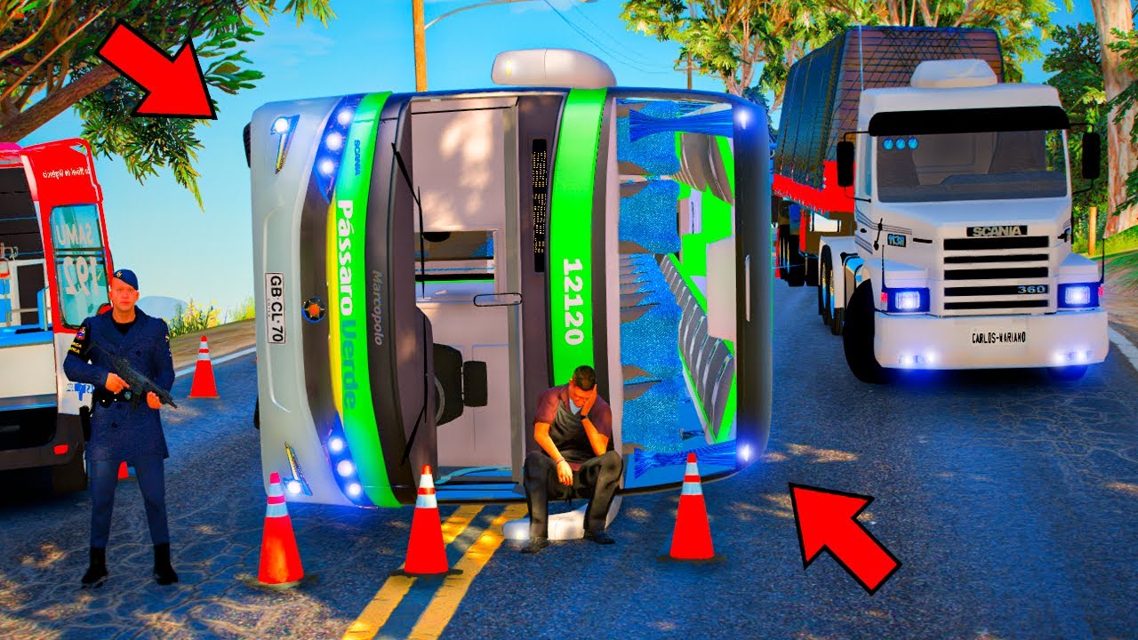GTA 5 VIDA DE CAMIONEIRO: FLAGREI UM ONIBUS CAPOTADO NO MEIO DA VIAGEM