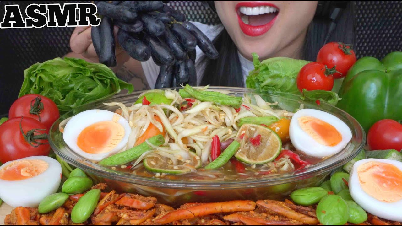 ASMR SPICY PAPAYA SALAD + FRESH VEGGIES (SATISFYING CRUNCHING EATING SOUNDS) NO TALKING | SAS-ASMR