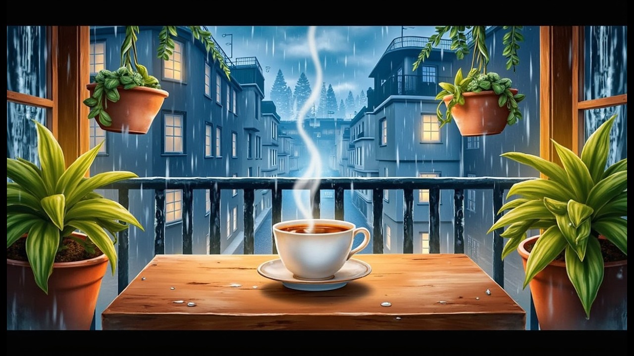 Warm Cup of Tea on a Rainy Balcony  Ghibli Style City Ambience