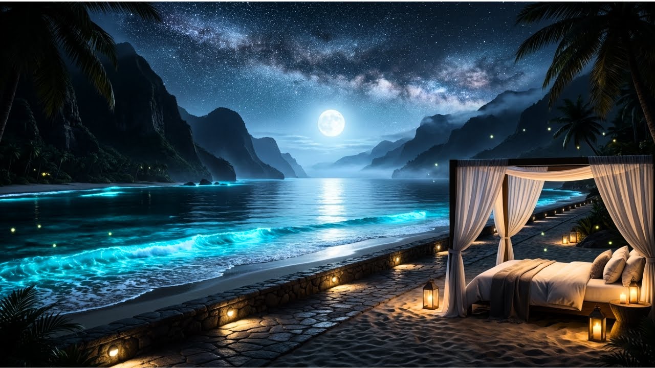 Bioluminescent Ocean Waves - Tranquil Beach ASMR Soothing Jazz Music