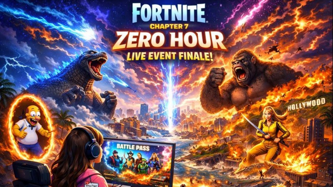 Chapter 7 Fortnite Zero Hour Live Event Finale Homer Simpson Godzilla King Kong Hollywood Pacific
