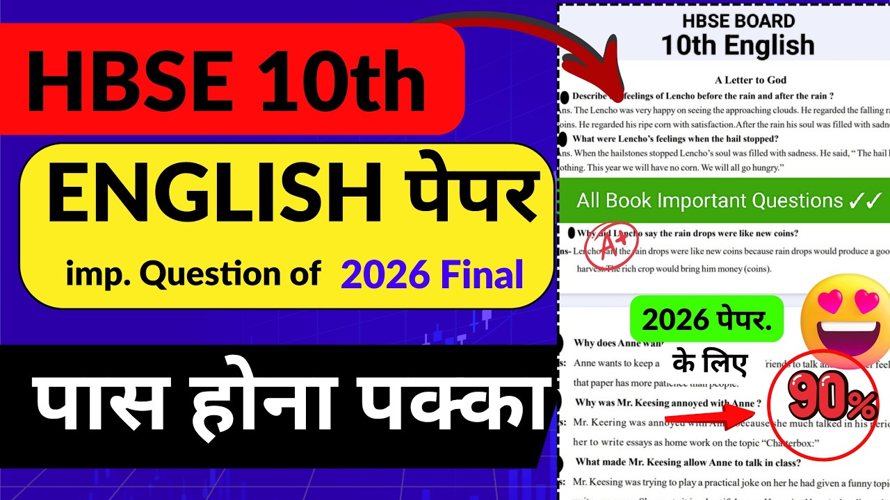 HBSE 10th English 2026 Important Questions | hbse board 10th English Paper 2026 | class 10 english 