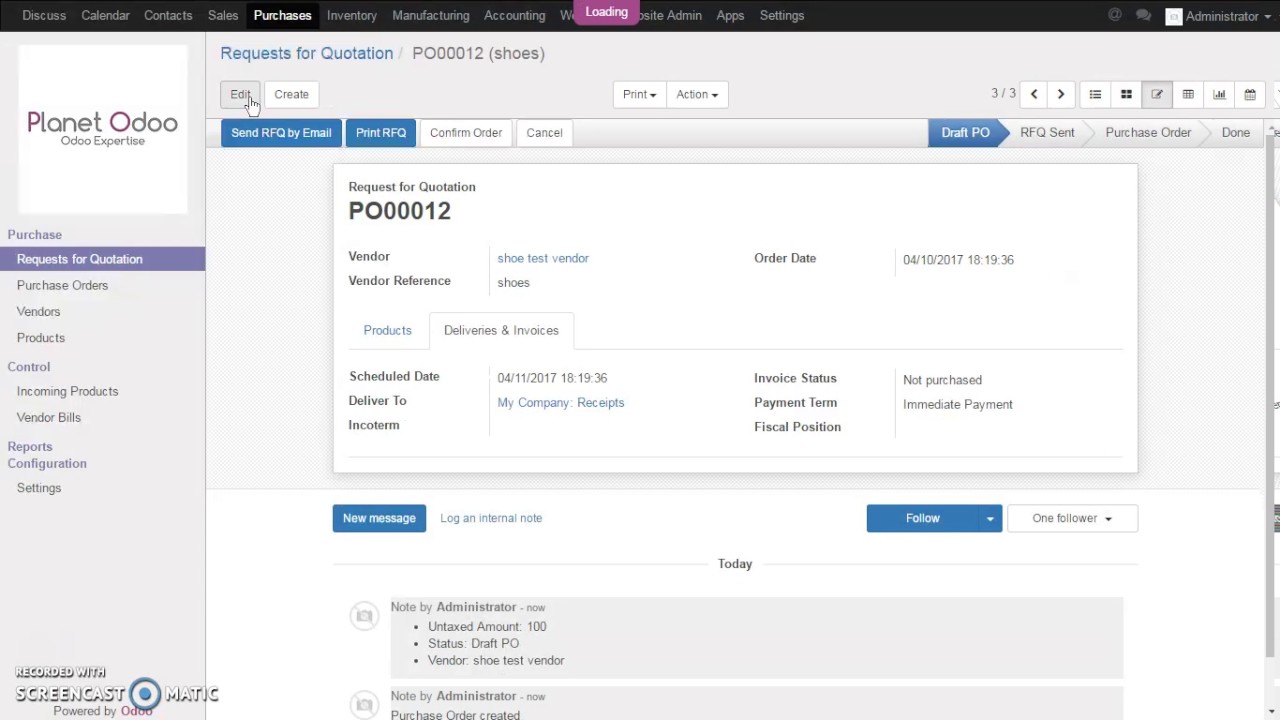 Purchase module Odoo 10