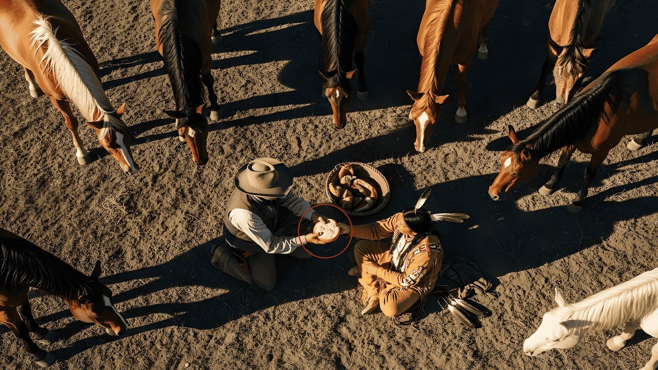 HE GAVE FOOD TO AN OLD INDIAN ON THE ROAD. THE NEXT DAY 100 HORSES WERE ON HIS LAND (SHORT FILM) AI