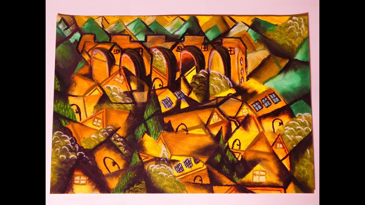 Monochromatic Cubism Abstarct Painting In Oil Pastel | Landscape Cubism Art