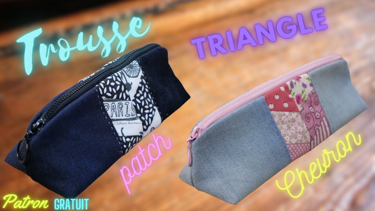 couture d'une trousse zippée triangle avec application d'un patch chevron patron gratuit