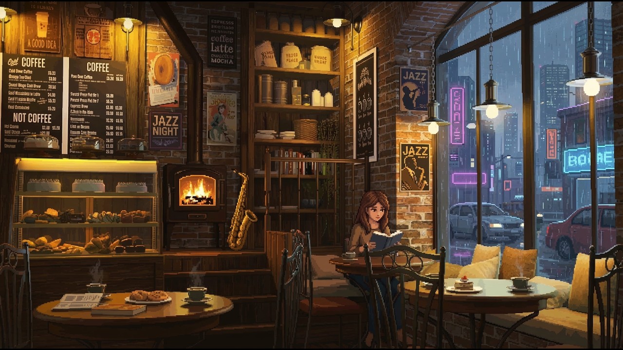 Cozy Coffee Shop Ambience ☕ Rainy Night Jazz Cafe