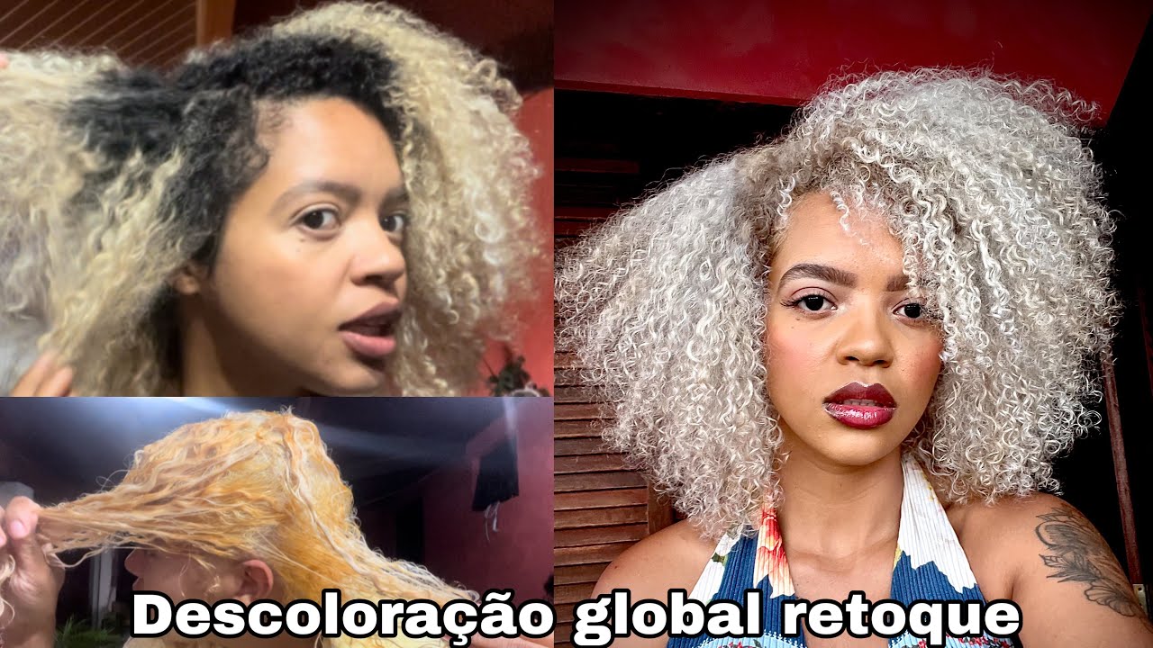Descoloração global em casa retoque de raiz crespo cacheado
