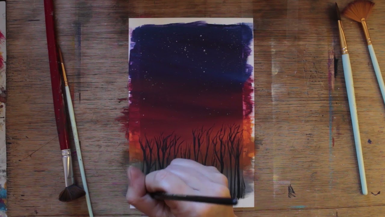 Pintando a Lua com Floresta ao fundo (Tinta acr&iacute;lica e papel Canson / Super F&aacute;cil para iniciantes)