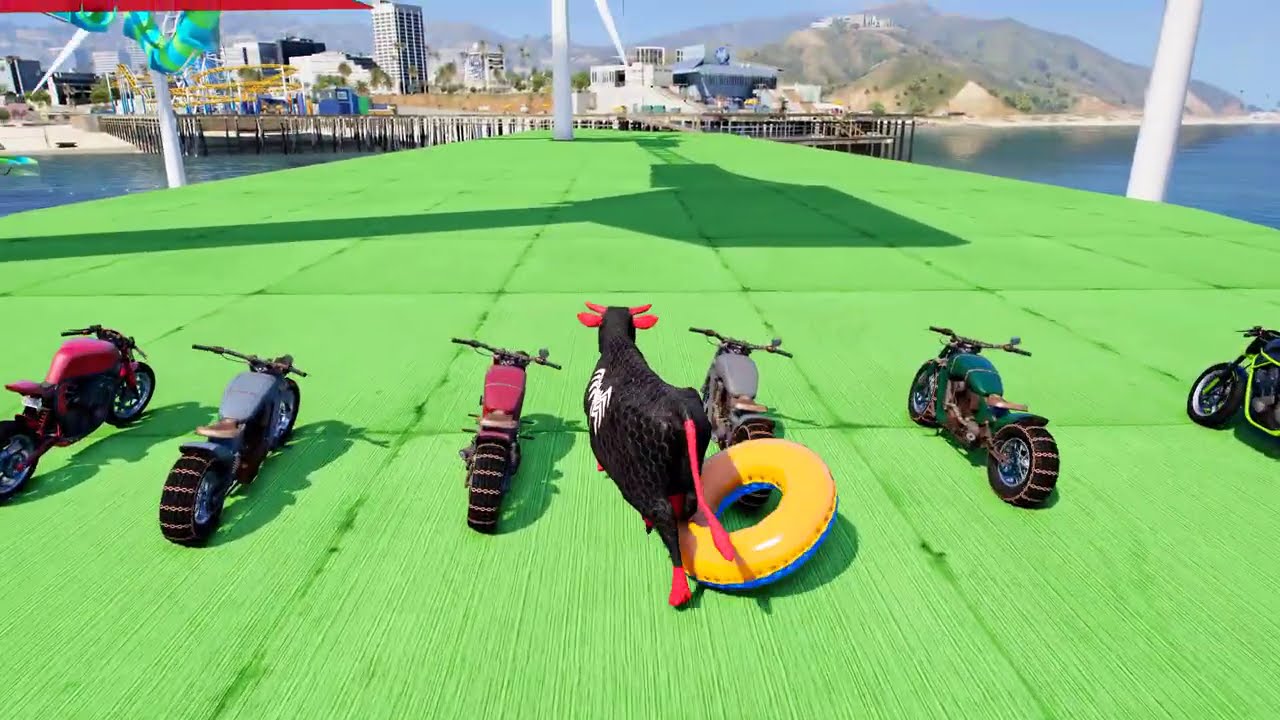 Epic Cow Rider and Pro Spiderman Red Against Funny Color Animals for a Wild Bridge Takeover GTA V