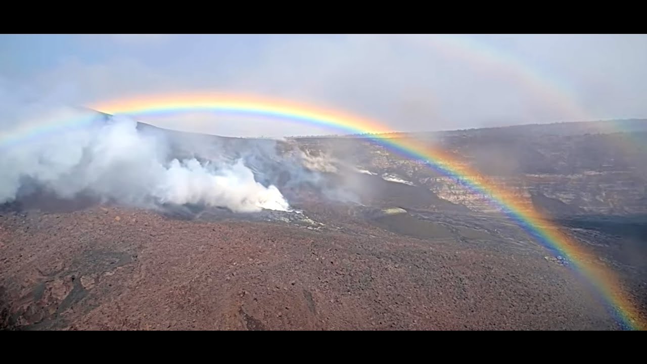 Endless Rainbow and Double Rainbow Over Kilauea Crater, Hawaii