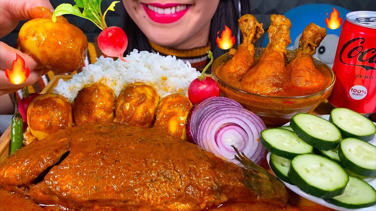 ASMR SPICY FISH CURRY, CHICKEN CURRY, EGG CURRY, CHILI, ONION, RICE MASSIVE Eating Sounds