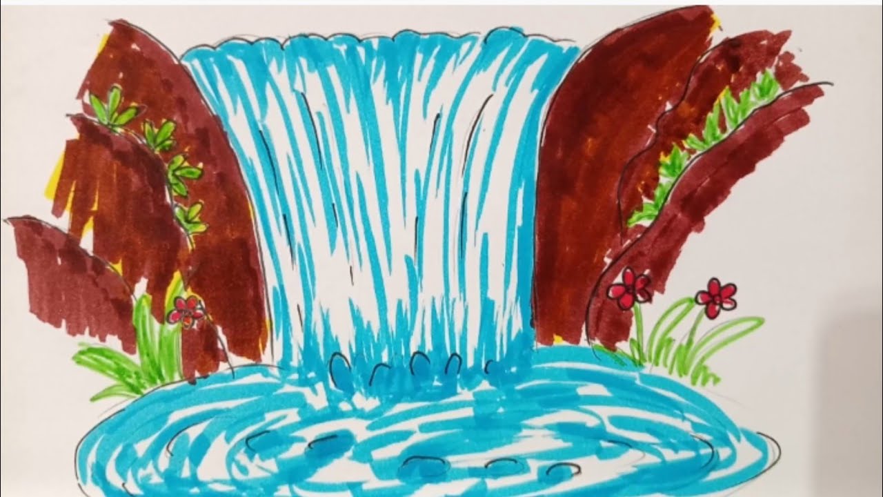 Easy Waterfall Drawing Tutorial | Realistic Nature Scenery Art