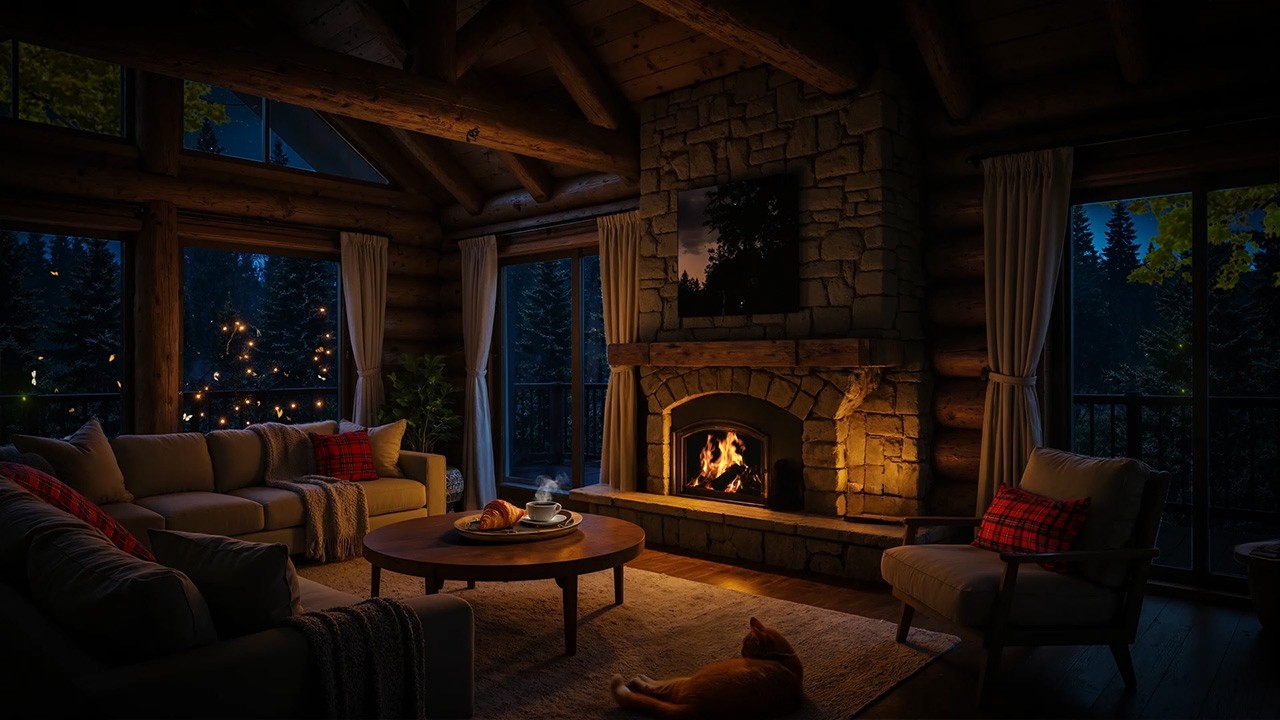 Cozy Fireplace Crackling at Cabin Views | Peaceful Spring Garden with Slow Piano & Fireplace Glow