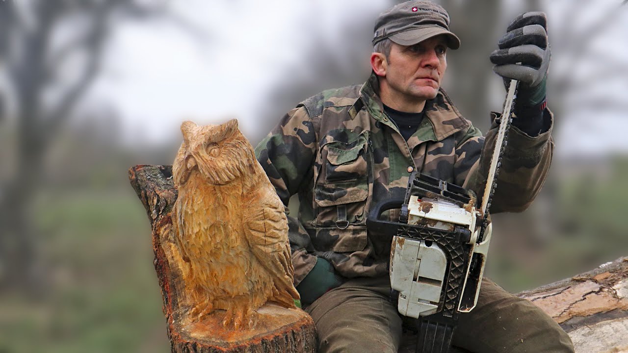 Wooden OWL in 1 HOUR, chainsaw wood carving