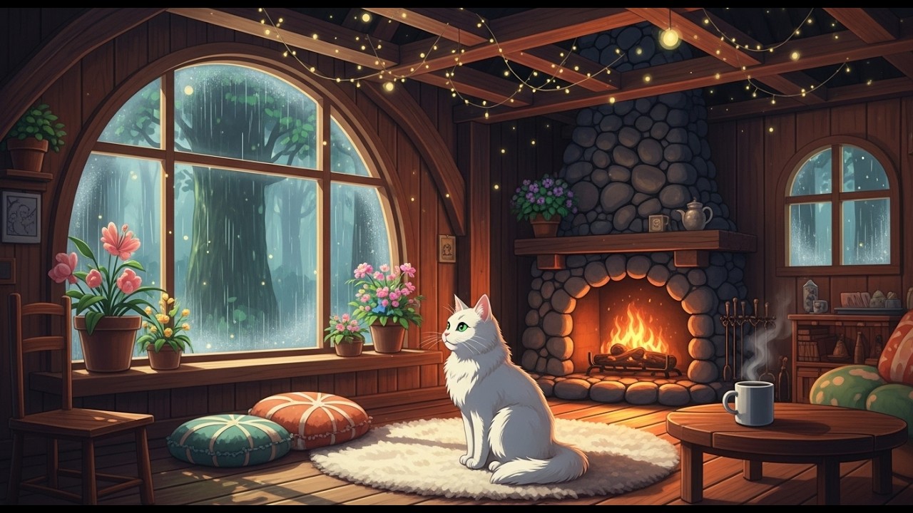 Rainy Night Fireplace Ambience 4K ☔🔥 Cozy Cabin Lofi Music for Deep Relaxation & Reading