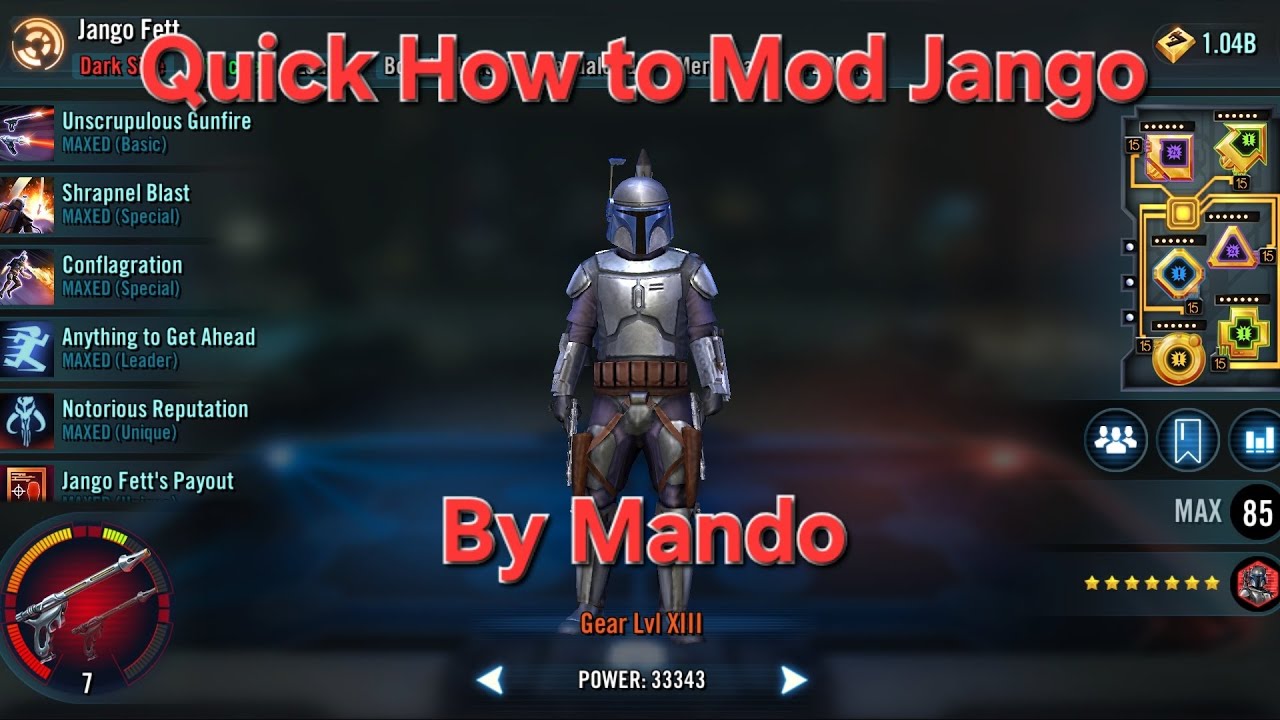SWGOH Galaxy of Heroes Quick how to Mod Jango Fett for Separatists Nute and Trench teams by Mando