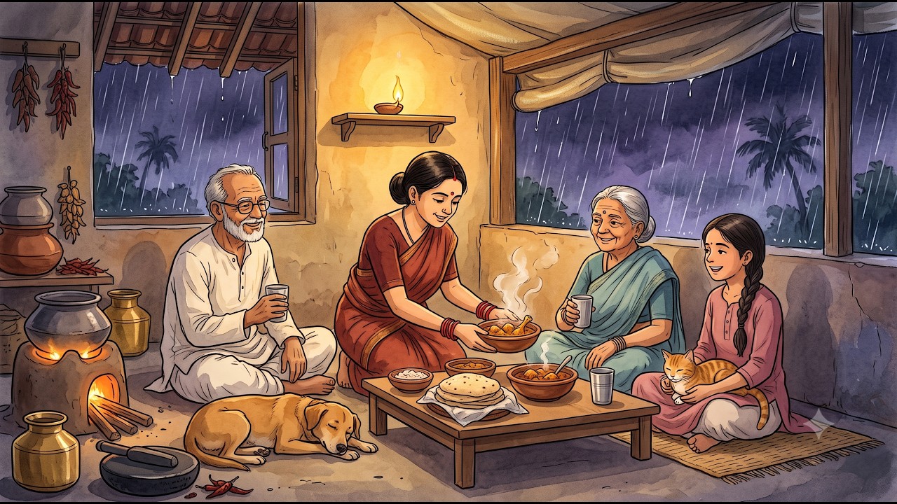 Heavy Rain & Chicken Curry on Clay Stove | Indian Village ASMR Cooking | Ghibli Animated No Ads