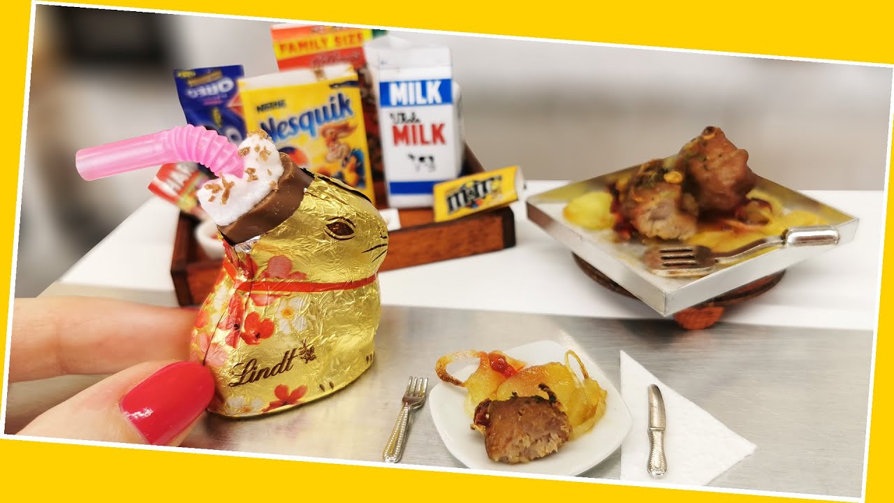Chocolate milk in a REAL but mini chocolate bunny with REAL but mini fried meat with potatoes :) DIY