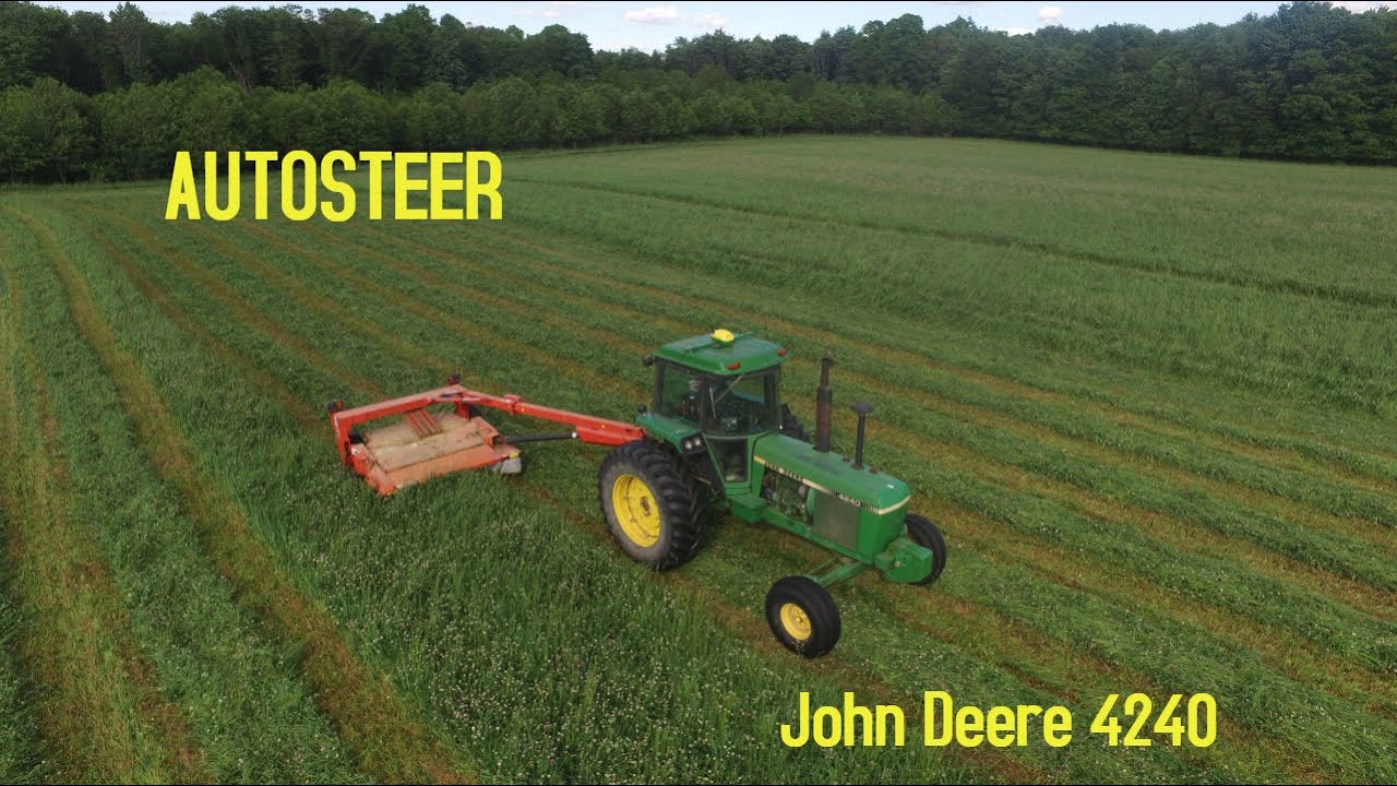 Mowing Hay with AUTOSTEER! John Deere 4240 and Kuhn Mower