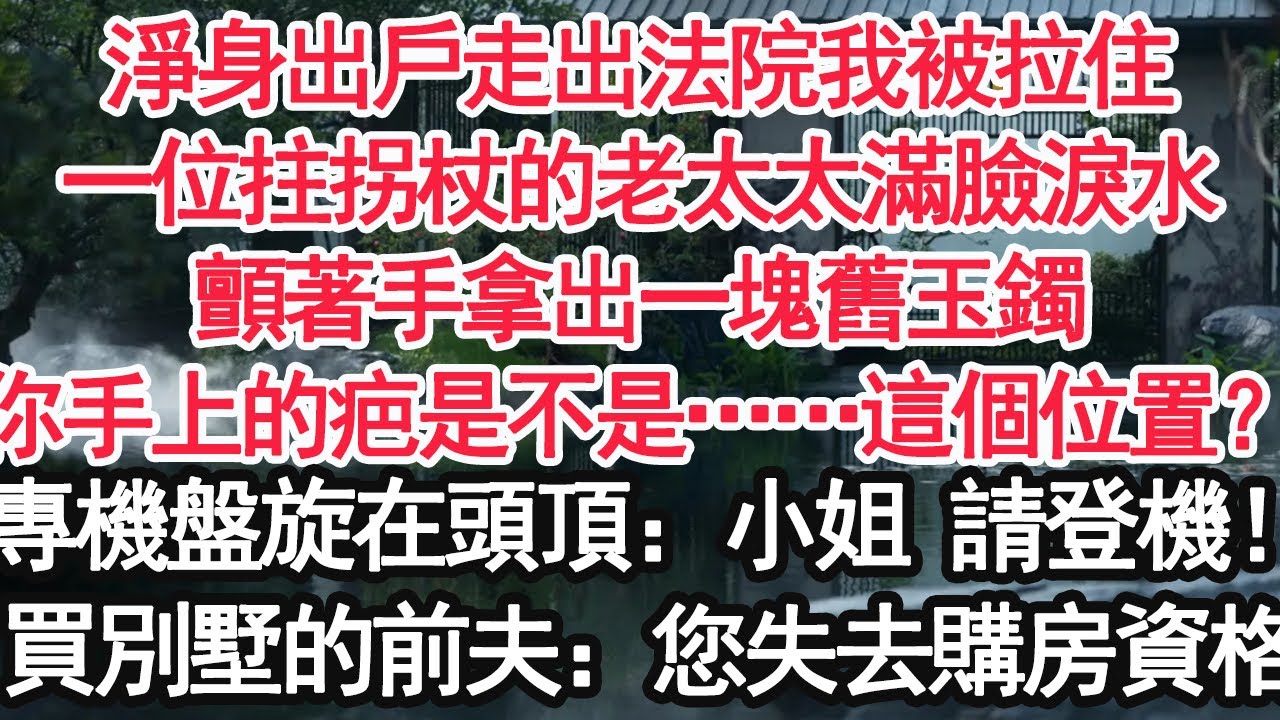 淨身出戶走出法院我被拉住，一位拄拐杖的老太太滿臉淚水，顫著手拿出一塊舊玉鐲，“你手上的疤是不是……這個位置？”專機盤旋在頭頂：小姐 請登機！買別墅的前夫：您失去購房資格【顧亞男】【大女主】【婚姻自主】