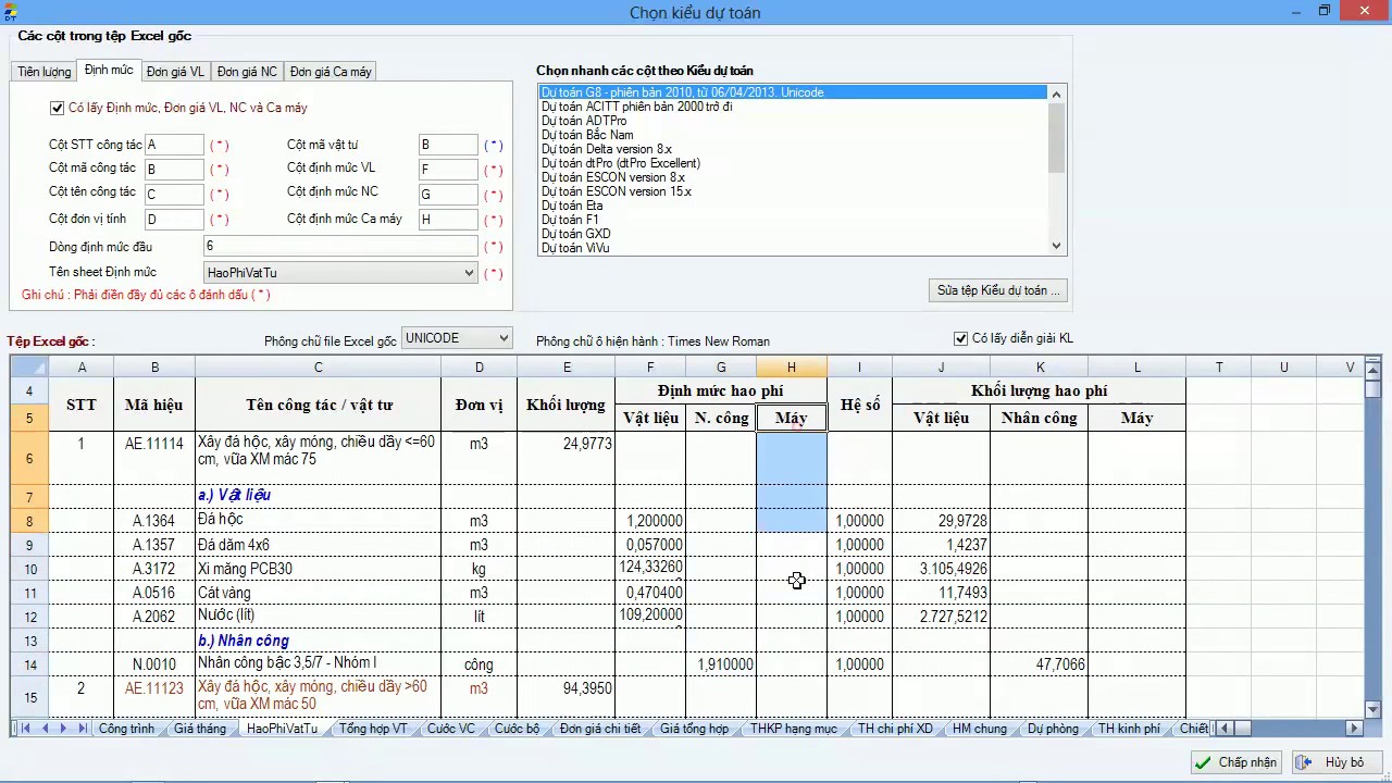 Lấy công trình từ Excel có cả Định mức và Đơn giá vật tư
