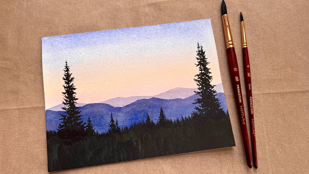 Paint n sip #102 — Йеллоустонский пейзаж с восходом солнца | Урок по акварели в реальном времени