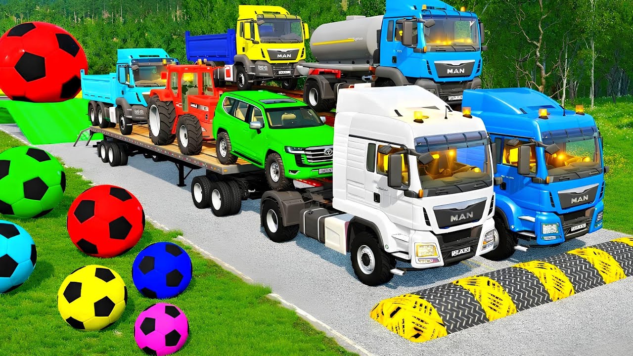 Flatbed Trailer McQueen Transportation with Truck - Speedbumps vs Cars vs Train - BeamNG.Drive  003