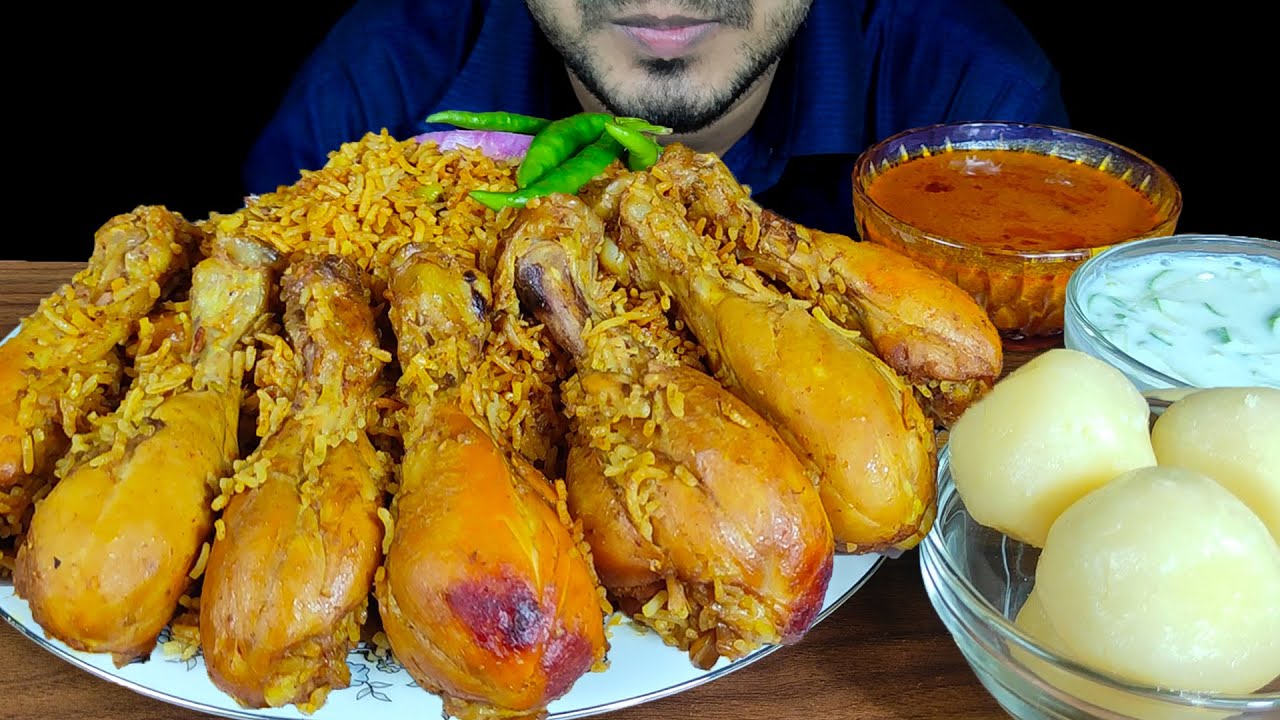 EATING SPICY CHICKEN BIRYANI, RAITA, EXTRA GRAVY, SWEETS,CHILI | MUKBANG EATING SHOW | EATING SOUNDS