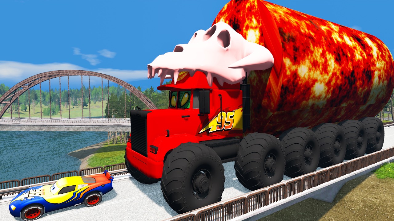 Giant LAVA TANKER Mack Truck Eater VS Cars Lightning McQueen Escape Monster Beamng Drive