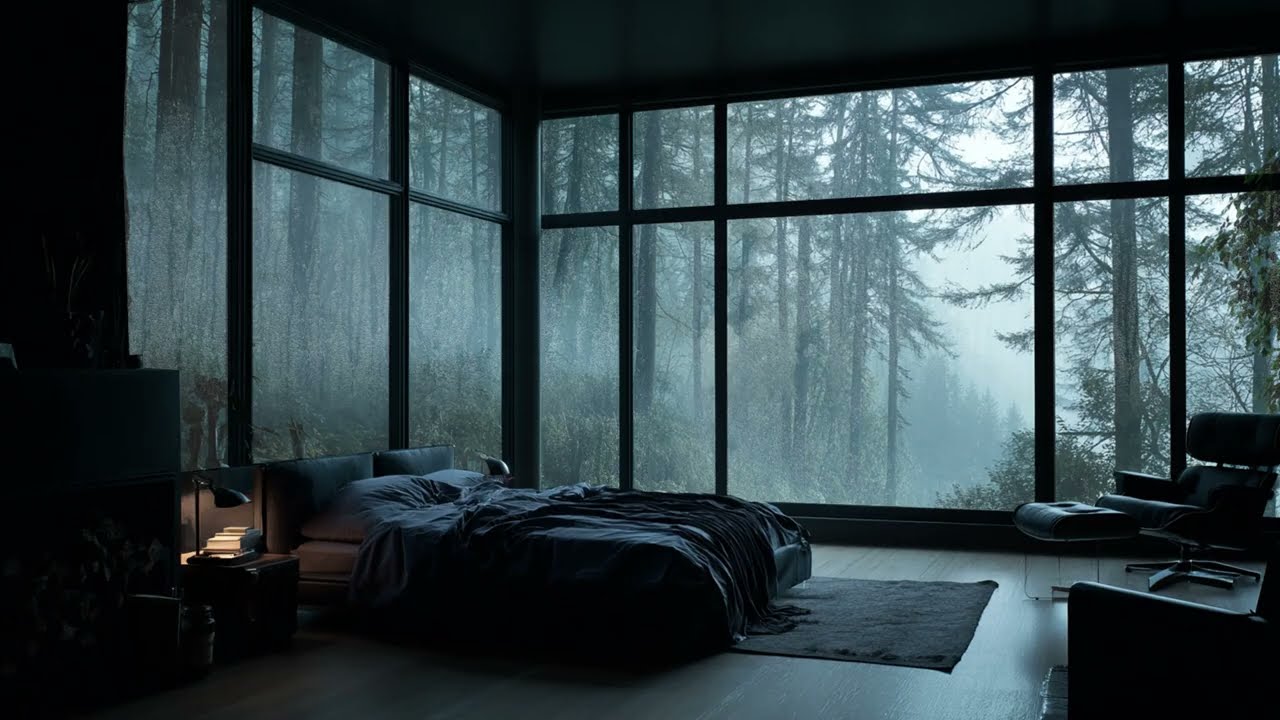 Relaxing Rain on Window in a Forest Bedroom - Heavy Thunder Ambience for Study and Relaxation