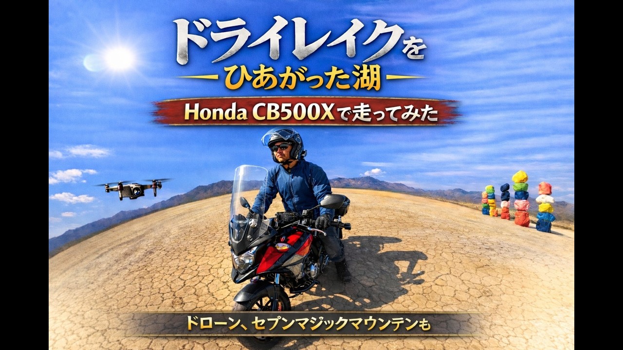 ドライレイク（干上がった湖）をHonda CB500Xで走ってみた ~ セブンマジックマウンテン、ドローン撮影 2026.02.07