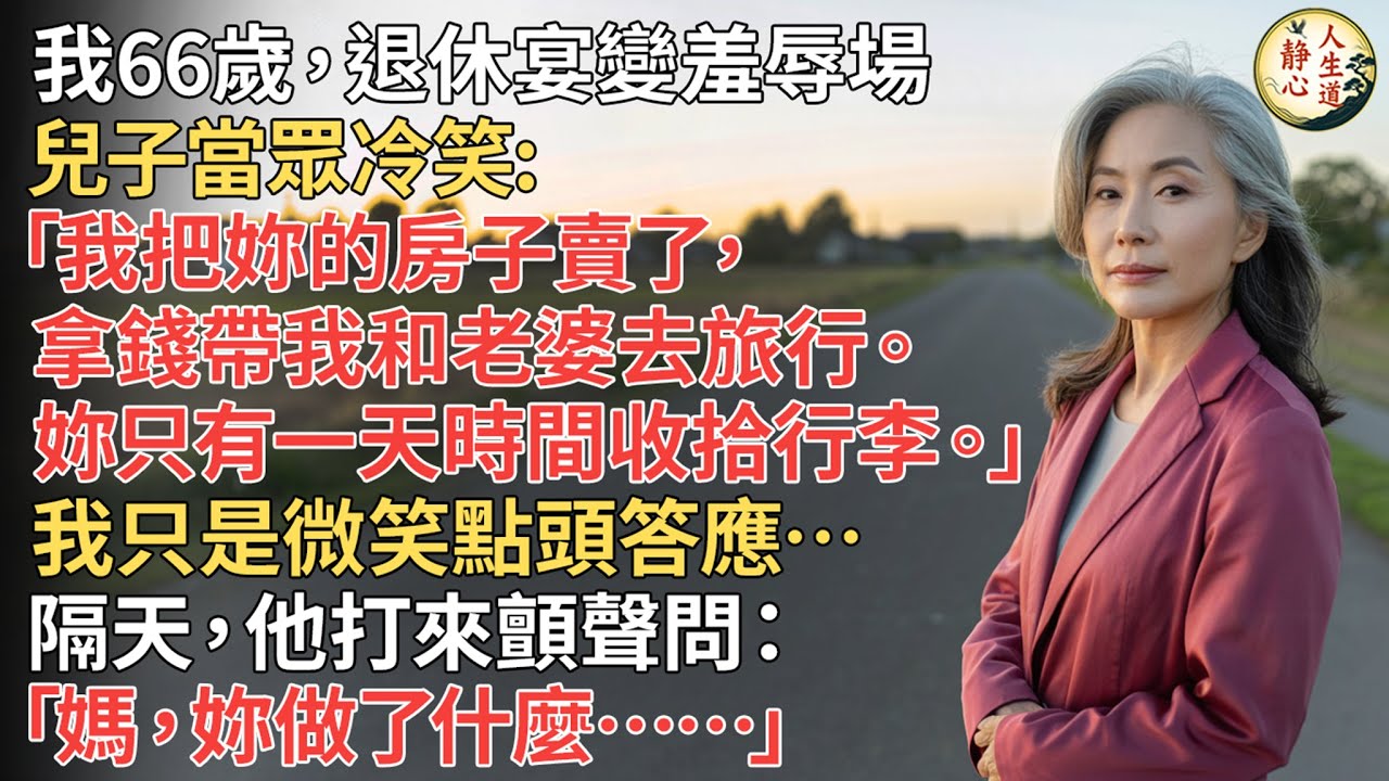 【我66歲】退休宴成了羞辱場，兒子當眾冷笑說：「我把妳的房子賣了，拿錢帶我和老婆去旅行，妳只有一天時間收拾行李。」我只是微笑點頭答應……隔天，他打電話來顫聲問：「媽，妳做了什麼……」