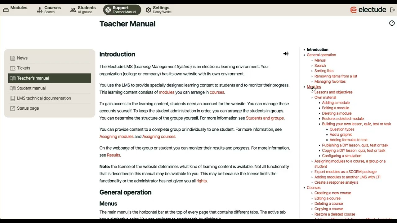 Electude Teacher Support Tab