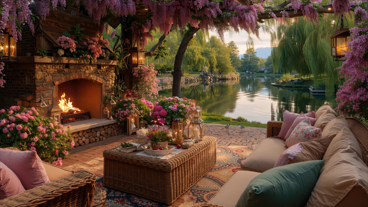 Calm March Morning by the Lake 🌸 Soft Piano & Fireplace Sounds for Relaxation