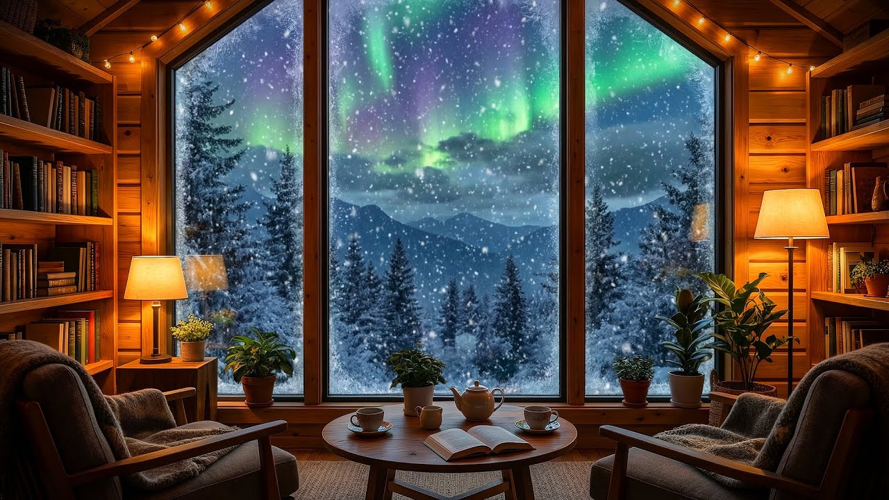 Winter Snow Night with Aurora ❄️ Relaxing Cabin Window View | 4K | NO ADS