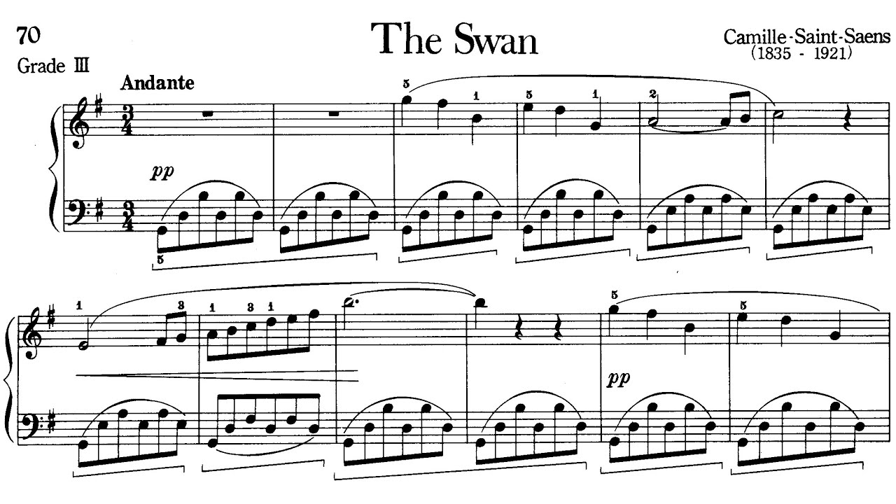 Piano Pieces for Children Grade 3 No.6 Saint-Saens The Swan (P.70) Sheet Music