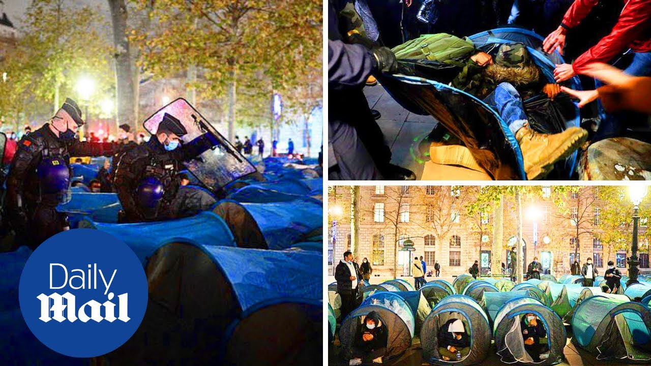 France protests: Scuffles as police remove refugee tents in Paris
