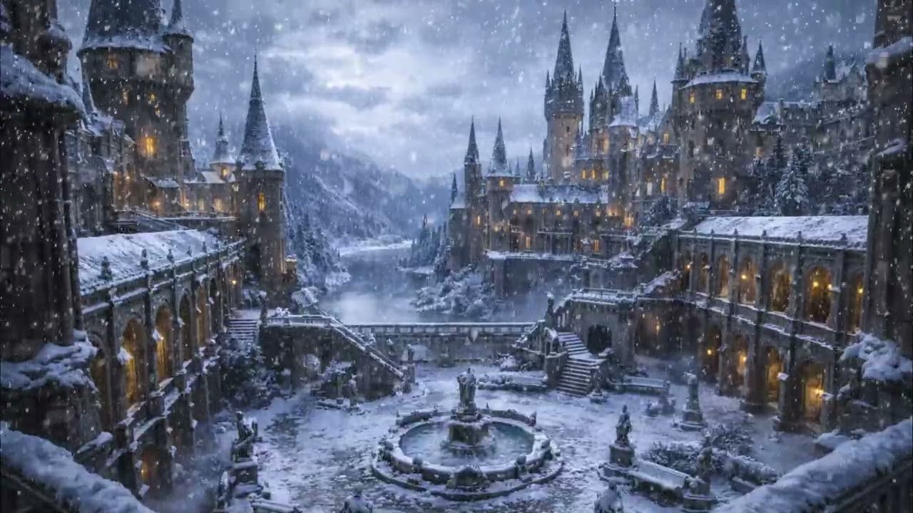 Harry Potter Winter Window View - Hogwarts Snow Ambience, Wind, FIREPLACE sounds