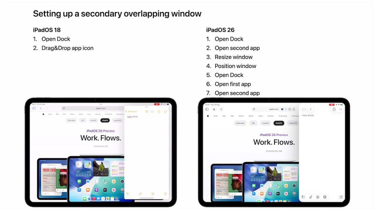A partial window management interaction comparison of iPadOS 18 & 26.0